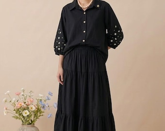 Black Cotton Embroidered Shirt and Tiered Maxi Skirt Set, Boho Co Ord Vacation Outfit