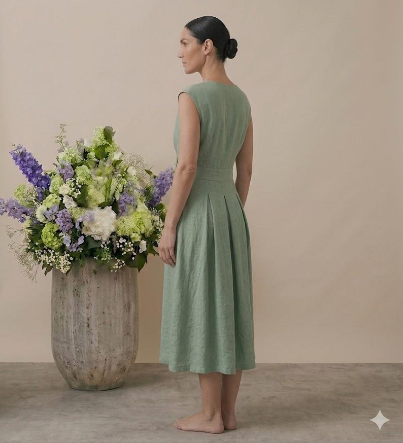 May include: A sage green sleeveless midi dress featuring a fitted bodice, a defined waistline, and a pleated skirt that falls below the knees. The garment is constructed with a simple round neckline and a clean, structured silhouette.