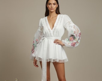 White Embroidered Mini Dress, Boho Bridal Romper, Floral Sleeve Party Wear