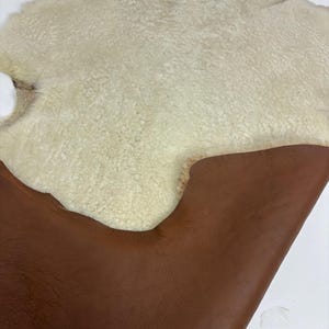 May include: A piece of tanned sheepskin with a cream-colored, fluffy wool side and a smooth, brown leather side. The sheepskin is irregularly shaped, with the wool side facing up and the leather side folded underneath.
