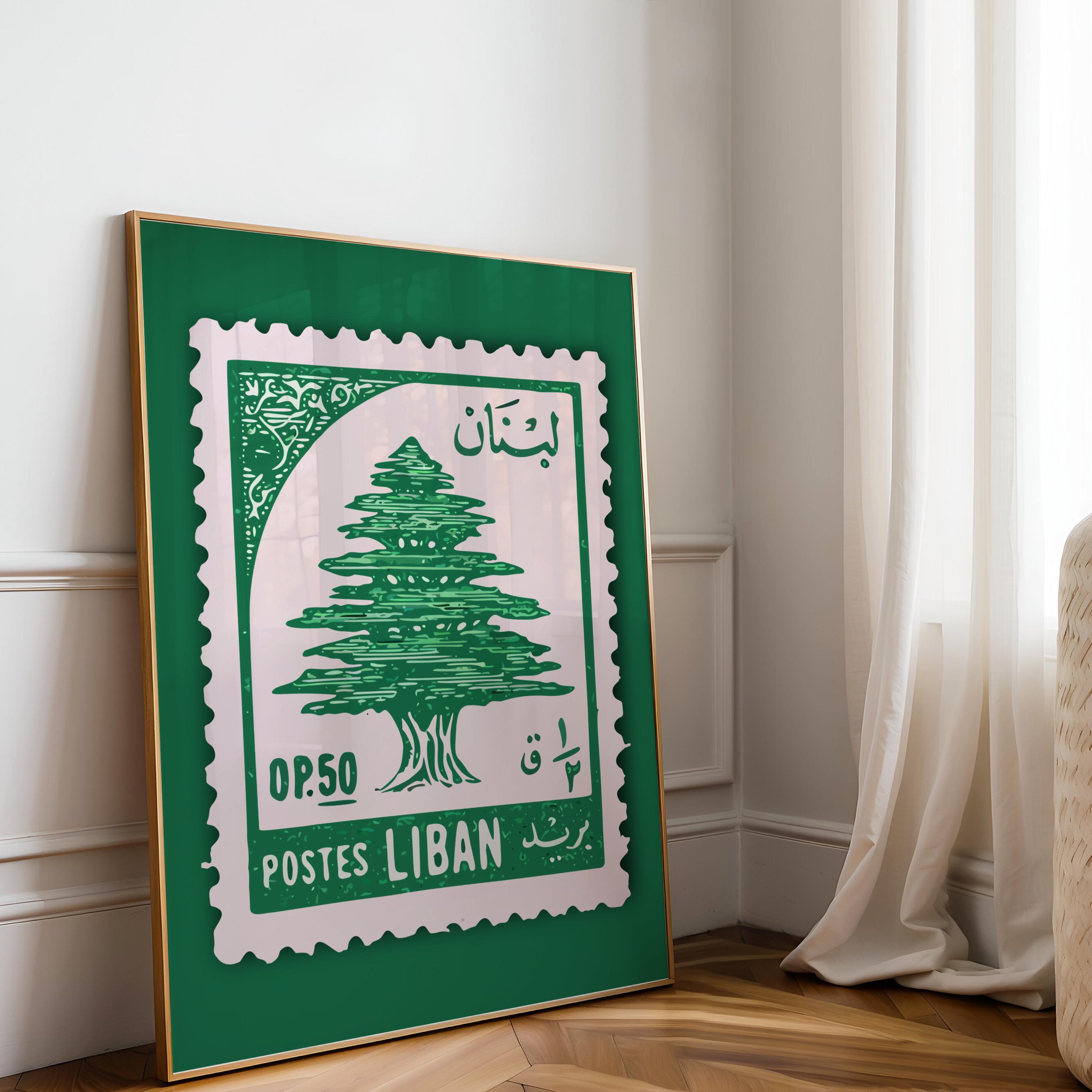 No.94 【不思議の国】レア シーグラスアート CedarAmber Vintage Lebanon Cedar Stamp Poster, Lebanese Heritage Wall Art