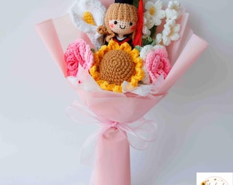 Crochet Flower Graduation Bouquet Class of 2026 knitted , Custom Handmade sunflower Bouquet with Doll, Graduation Gift for Her
