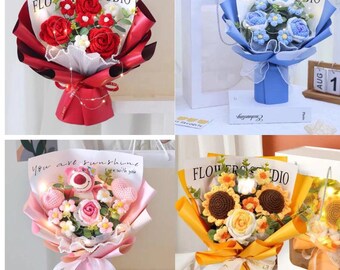 Crochet Flower Bouquet, Personalized Mother's Day Gift for Mom Grandma, Permanent Birthday Yarn Flowers, Crocheted Anniversary Gift