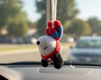 Spider-Man Snoopy Crochet Car Mirror Hanging - Handmade Amigurumi Hero Dog Car Charm - Spidey Decor