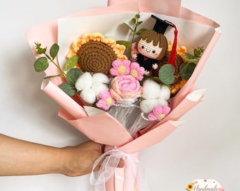 Handmade Crochet Graduation Bouquet with Doll, Crochet Flowers Bouquet, Gift for Son, Eternal Floral Keepsake, Graduation Gifts