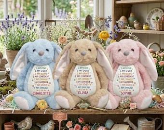 Personalized Easter Bunny Affirmations Soft Toy, Custom Name Rabbit Doll, Kids Positive Gift, Toddler Easter Basket Stuffer