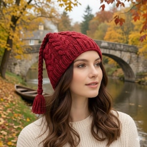 May include: A knitted red hat with a long tassel, featuring a cable knit design. The hat is a deep red color and appears warm and cozy. The hat is a winter accessory.