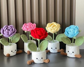 Crochet Tulip Flower Pot, Pink, Purple, Orange, or Blue, Cute Gift for Mom, Girlfriend, Friend,Crochet Rose Tulip Bouquet, Mother's Day Gift