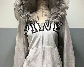 Faux Fur Lined Hoodie – Warm Gray Zip Up With Bold Lettering