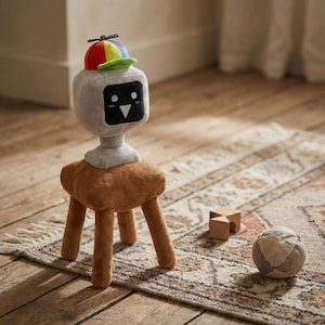 Può includere: Uno sgabello a forma di robot di peluche con un cappello con elica colorato. Il robot ha una testa grigia con una faccia a schermo nero e un sedile marrone. Una pallina e dei blocchi di legno sono sul tappeto nelle vicinanze.