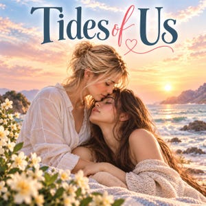 Pode incluir: Uma capa de livro intitulada Tides of Us com duas pessoas de cabelos longos, uma com camisa branca e outra com peça de malha bege, abraçadas numa praia ao pôr do sol com flores brancas e um oceano calmo ao fundo.