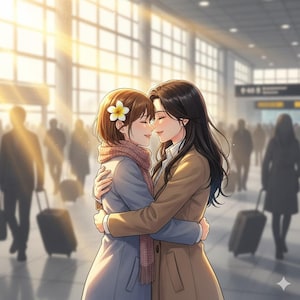 以下が含まれることがあります： 空港で抱き合う2人のイラスト。一人は水色のコートとスカーフを着て、髪に花を飾っています。もう一人は茶色のコートを着ています。背景にはぼやけた人物と荷物があります。