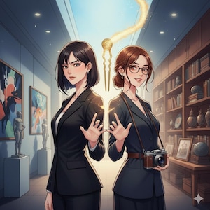 Könnte beinhalten: Zwei Frauen in schwarzen Anzügen stehen in einer Kunstgalerie und Bibliothek. Eine hält eine Vintage-Kamera. Ein goldenes Haaraccessoire ist zwischen ihnen aufgehängt. Kunstwerke und Bücherregale sind im Hintergrund zu sehen.