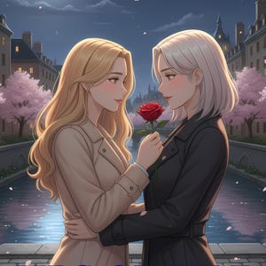 Op de afbeelding: Digitale illustratie van twee vrouwen die elkaar omarmen, een houdt een rode roos vast. De scène speelt zich 's nachts af met een volle maan en Europese architectuur op de achtergrond. De tekst "LIPS OF FIRE" en "THAI BL NOEVL" worden weergegeven.