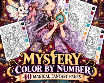 May include: A digital coloring book titled Mystery Color By Number featuring 40 magical fantasy pages. The cover displays an anime-style character with long purple hair holding a compass, surrounded by three black and white coloring sheets.