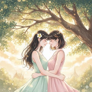 以下が含まれることがあります： 木の下で抱き合う二人の女性のイラスト。一人は薄緑色のドレスを着て、長い黒髪に花を飾っています。もう一人はピンクのドレスを着て、短い黒髪です。背景は柔らかくぼやけた風景です。