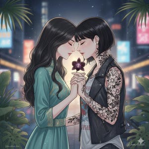 Könnte beinhalten: Illustration von zwei Frauen, die sich an den Händen halten, mit einer dunkelvioletten Blume zwischen ihnen. Eine trägt ein türkisfarbenes Kleid, die andere eine schwarze Lederjacke und florale Tätowierungen. Der Hintergrund zeigt eine Stadt bei Nacht.