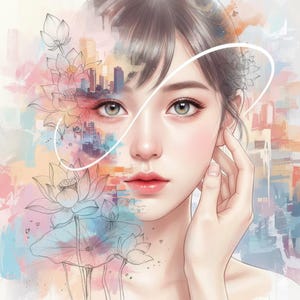 以下が含まれることがあります： 明るい肌と灰色の目を持つ人物のデジタルアートポートレート。顔の左側には、蓮の花と都市景観の水彩デザインが施されています。白い線が顔の周りを曲がっています。