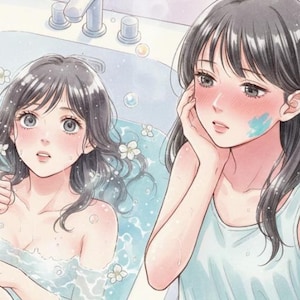 以下が含まれることがあります： 「The Girl in the Bathtub」のタイトルと「thai gl novel」のテキストが入った、浴槽にいる2人の若い女性のイラスト。一人は水の中にいて、もう一人は筆を持っています。このアートワークは、柔らかい色と水彩画のスタイルが特徴です。