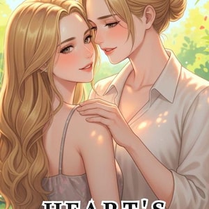 Puede incluir: Ilustración digital de dos mujeres abrazándose, con cabello rubio largo y rasgos suaves. Una lleva un vestido gris claro, la otra una camisa blanca. El texto "HEART'S GAP" se muestra en la parte inferior.