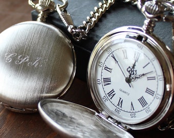 Brushed Silver Pocket Watch - White Dial - Engraved Groomsmen Gift, Best Man, Fathers Day - 9175