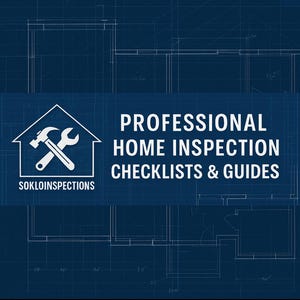 Op de afbeelding: Een donkerblauwe achtergrond met een blauwdrukontwerp. De afbeelding toont een wit logo van een huis met een hamer en een moersleutel, en de tekst "SOKLOINSPECTIONS". Onder het logo staat de tekst "PROFESSIONAL HOME INSPECTION CHECKLISTS & GUIDES".