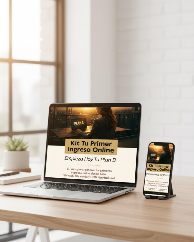 Puede incluir: Un port&aacute;til y un smartphone que muestran el texto "Kit Tu Primer Ingreso Online" y "Empieza Hoy Tu Plan B". El port&aacute;til est&aacute; abierto sobre un escritorio de madera, con una peque&ntilde;a planta y un cuaderno cerca.