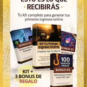 Puede incluir: Imagen promocional con texto en espa&ntilde;ol, que presenta un kit para generar ingresos online. El kit incluye tres bonos: "Bonus 02" con acceso a recursos avanzados, "Bonus 01" para estrategia viral y "Bonus 03" con 100 ganchos virales.