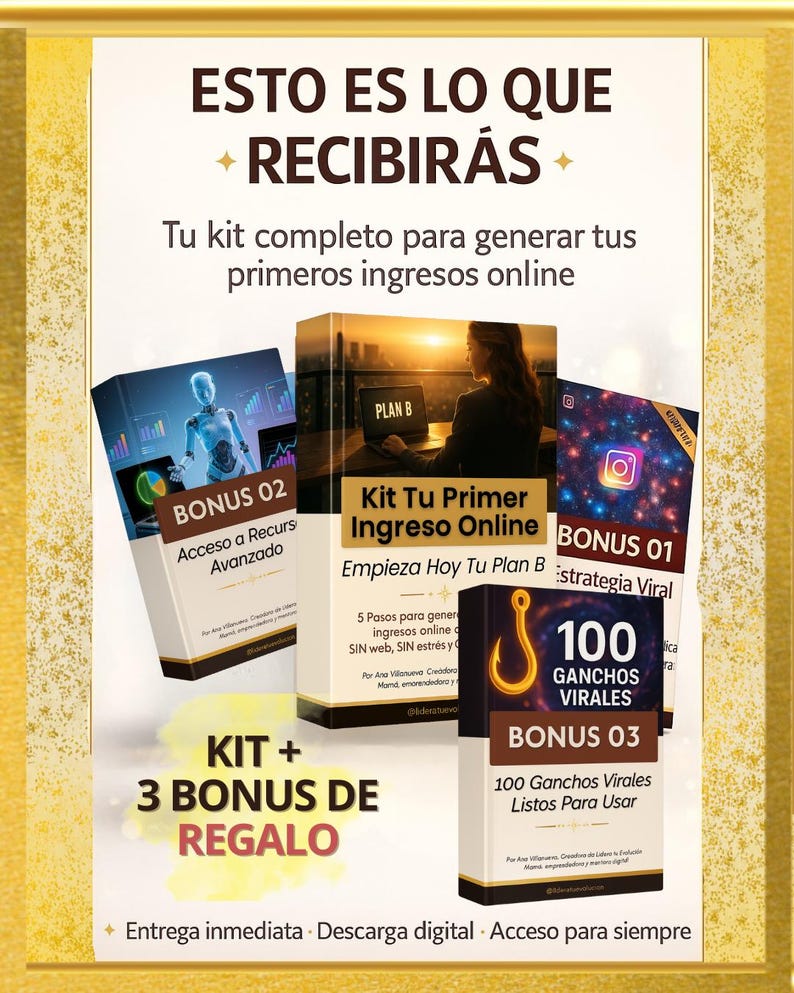 Puede incluir: Imagen promocional con texto en espa&ntilde;ol, que presenta un kit para generar ingresos online. El kit incluye tres bonos: "Bonus 02" con acceso a recursos avanzados, "Bonus 01" para estrategia viral y "Bonus 03" con 100 ganchos virales.