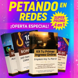 Puede incluir: Un gr&aacute;fico promocional con texto en amarillo y blanco sobre un fondo morado y azul. El texto dice "EL KIT QUE LO EST&Aacute; PETANDO EN REDES" y "&iexcl;OFERTA ESPECIAL!". Se muestran varias portadas de libros, que promocionan ingresos en l&iacute;nea y marketing en redes sociales.