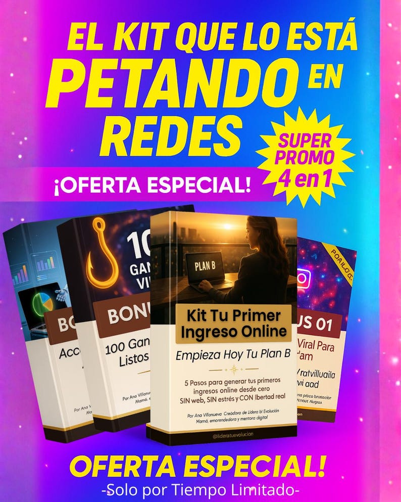 Puede incluir: Un gr&aacute;fico promocional con texto en amarillo y blanco sobre un fondo morado y azul. El texto dice "EL KIT QUE LO EST&Aacute; PETANDO EN REDES" y "&iexcl;OFERTA ESPECIAL!". Se muestran varias portadas de libros, que promocionan ingresos en l&iacute;nea y marketing en redes sociales.