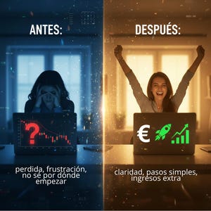 Puede incluir: Imagen dividida en dos mitades. El lado izquierdo muestra a una persona estresada frente a una computadora port&aacute;til con un signo de interrogaci&oacute;n rojo y un gr&aacute;fico de tendencia a la baja. El lado derecho muestra a una persona celebrando con una computadora port&aacute;til que muestra un cohete, un s&iacute;mbolo de euro y un gr&aacute;fico de tendencia al alza.