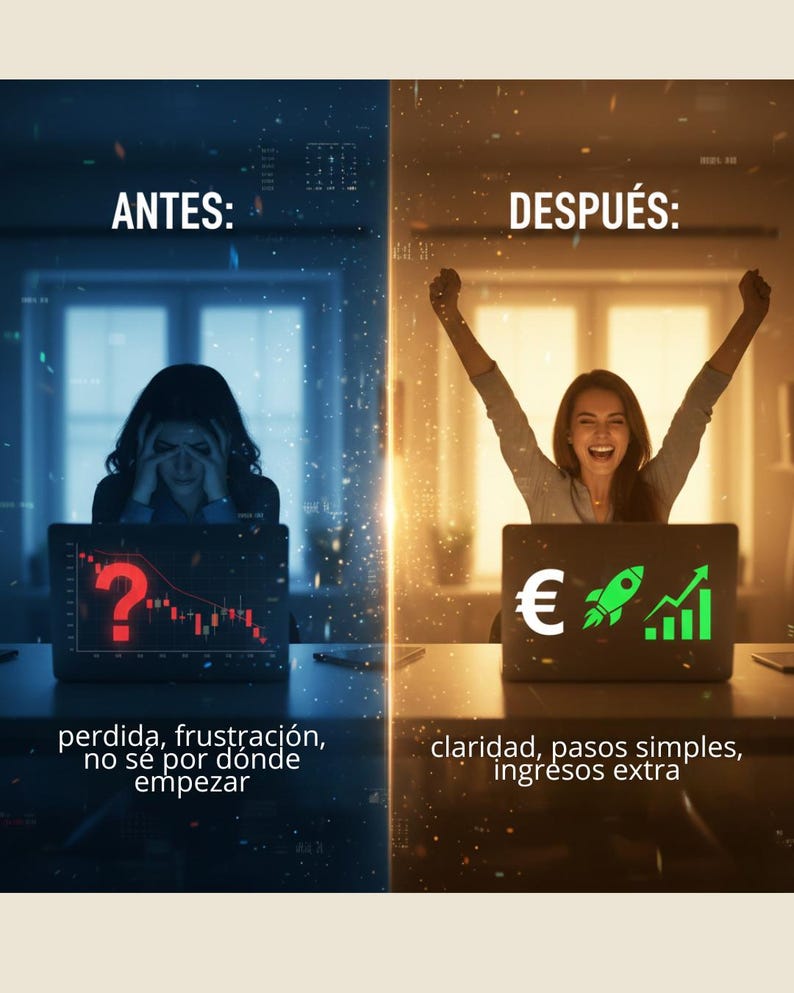 Puede incluir: Imagen dividida en dos mitades. El lado izquierdo muestra a una persona estresada frente a una computadora port&aacute;til con un signo de interrogaci&oacute;n rojo y un gr&aacute;fico de tendencia a la baja. El lado derecho muestra a una persona celebrando con una computadora port&aacute;til que muestra un cohete, un s&iacute;mbolo de euro y un gr&aacute;fico de tendencia al alza.