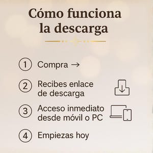 Puede incluir: Un gr&aacute;fico beige con el texto "C&oacute;mo funciona la descarga" y pasos numerados. Los pasos describen el proceso de descarga: comprar, recibir enlace de descarga, acceso inmediato desde m&oacute;vil o PC, y empiezas hoy.