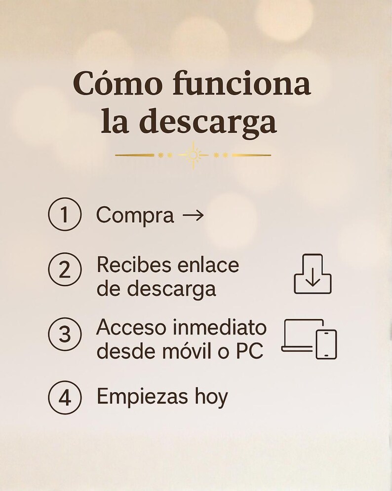 Puede incluir: Un gr&aacute;fico beige con el texto "C&oacute;mo funciona la descarga" y pasos numerados. Los pasos describen el proceso de descarga: comprar, recibir enlace de descarga, acceso inmediato desde m&oacute;vil o PC, y empiezas hoy.