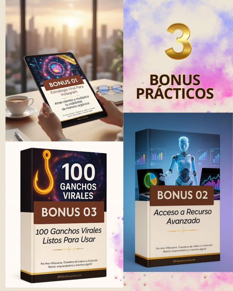 Puede incluir: Imagen que presenta una tableta con un gr&aacute;fico de Instagram colorido, un libro titulado "100 Ganchos Virales" y una caja con una ilustraci&oacute;n de robot. El texto incluye "Bonus 01", "Bonus 02" y "Bonus 03", adem&aacute;s de texto en espa&ntilde;ol.
