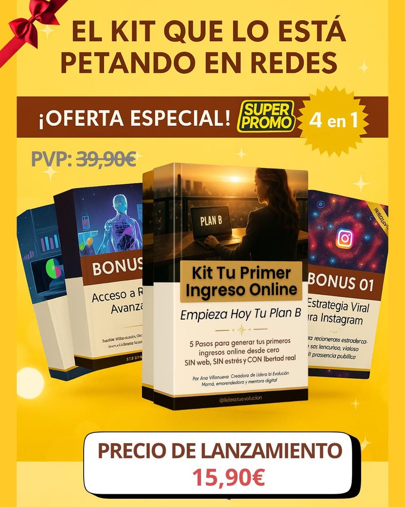 Puede incluir: Gr&aacute;fico promocional en espa&ntilde;ol que anuncia un kit de recursos para negocios online. Incluye el texto "Kit Tu Primer Ingreso Online" y "Empieza Hoy Tu Plan B". El fondo es amarillo con una cinta roja y el texto "&iexcl;OFERTA ESPECIAL!".