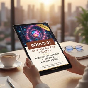 Puede incluir: Una tableta muestra un documento digital titulado &laquo;BONUS 01 Estrategia Viral Para Instagram&raquo;. El documento presenta un gr&aacute;fico colorido con el logotipo de Instagram. Una taza de caf&eacute;, un bol&iacute;grafo y gafas est&aacute;n sobre el escritorio de madera.