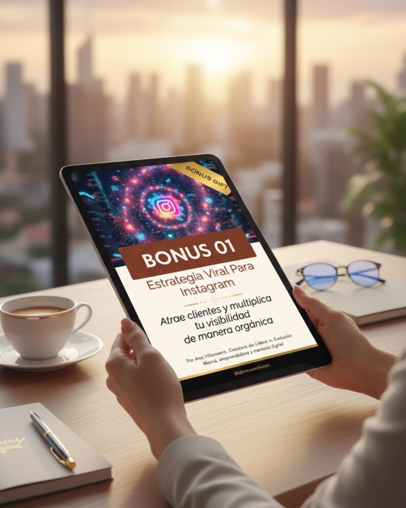 Puede incluir: Una tableta muestra un documento digital titulado &laquo;BONUS 01 Estrategia Viral Para Instagram&raquo;. El documento presenta un gr&aacute;fico colorido con el logotipo de Instagram. Una taza de caf&eacute;, un bol&iacute;grafo y gafas est&aacute;n sobre el escritorio de madera.