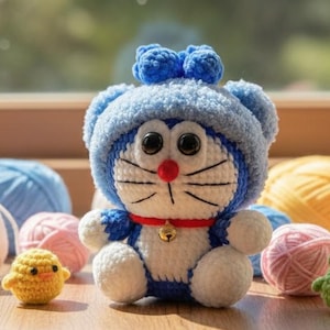 May include: A handmade crochet Doraemon doll wearing a blue hat with a bow, red collar, and bell. Surrounding the doll are small crochet figures of a chick, frog, and bunny, along with various balls of yarn in pastel colors. The scene is set on a wooden surface.