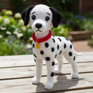 Puede incluir: Un perro dálmata de ganchillo, con cuerpo blanco y manchas negras. Tiene orejas negras, nariz negra y un collar rojo con una etiqueta dorada. El perro está sobre una superficie de madera, con un fondo verde borroso.