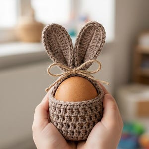 Könnte beinhalten: Ein brauner gehäkelter Ostereierhalter in Hasenform mit zwei aufrechten Ohren und einer Schnurschleife. Der Halter umschließt ein braunes Ei. Der Artikel wird in zwei Händen gehalten.