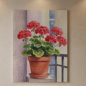 Arte su tela con geranio rosso, dipinto botanico con vaso di fiori, elegante decorazione floreale da parete, per cucina, bagno, balcone, stile accogliente per la casa