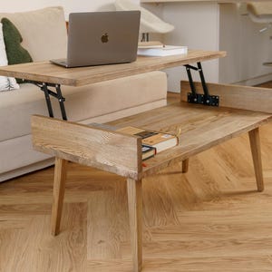 Soffbord i skandinavisk stil i trä, skrivbord med lyftbar topp, fällbord i massiv ek, rustika möbler