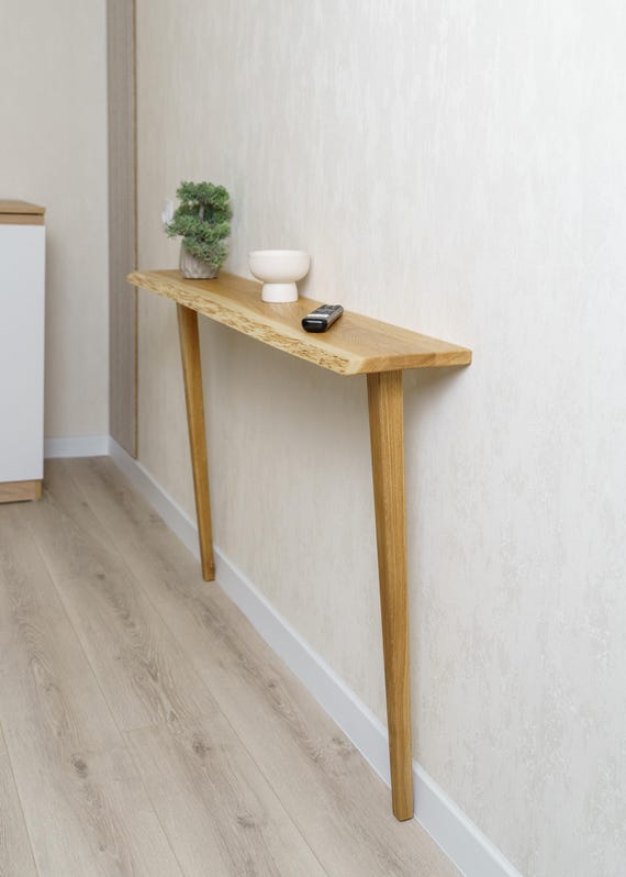 Live edge console table, slim hallway console, solid wood radiator shelf, mid century furniture
