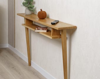 Minimalist oak console table, narrow entryway table with shelf, wooden decor, small space furniture