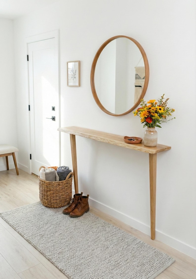 Live edge console table, slim hallway console, solid wood radiator shelf, mid century furniture image 8