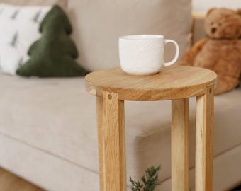 Round wood end table, oak sofa side table, minimalist nightstand, wooden plant stand