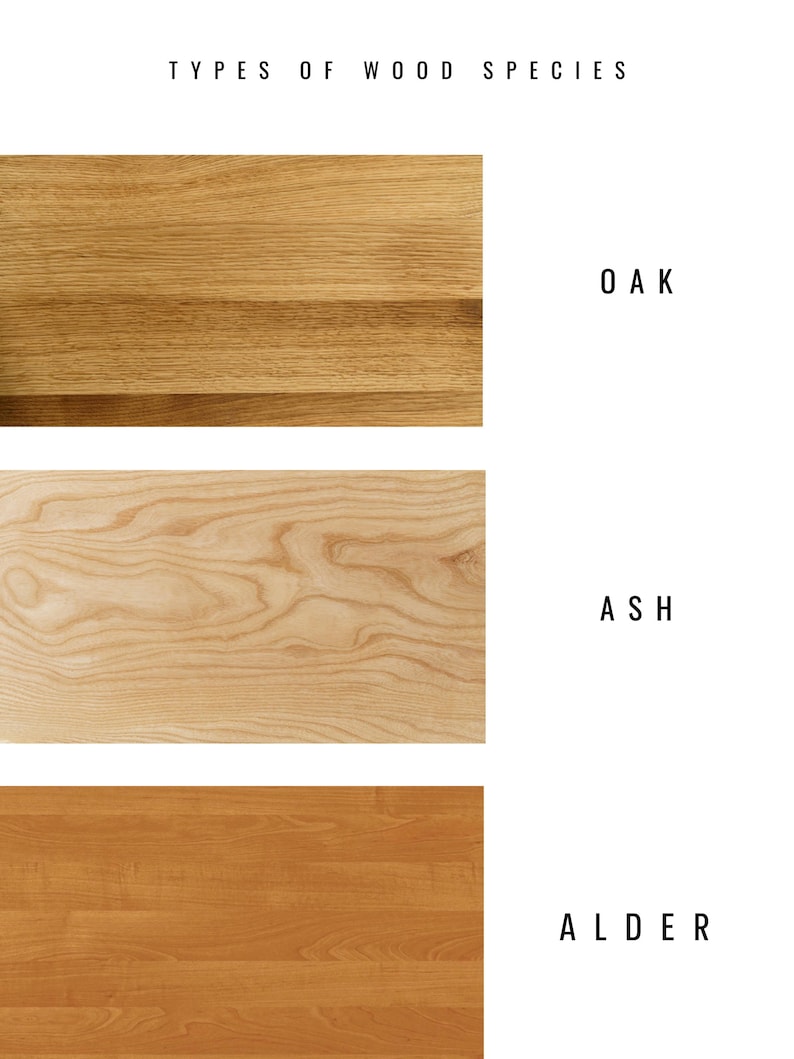 May include: Image showcasing three wood species: oak, ash, and alder. The oak sample is a light brown with a straight grain pattern. Ash is a lighter, beige wood with a wavy grain. Alder is a reddish-brown wood with a straight grain. Text at the top reads "TYPES OF WOOD SPECIES."