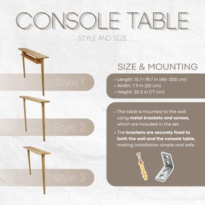 Live edge console table, slim hallway console, solid wood radiator shelf, mid century furniture image 2